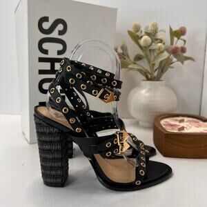 Schutz Annete Leather Block Heel Strappy Rivet Sandal Black/Gold Women's 6.5B